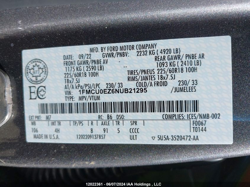 2022 Ford Escape Se Plug-In Hybrid VIN: 1FMCU0EZ6NUB21295 Lot: 12022361