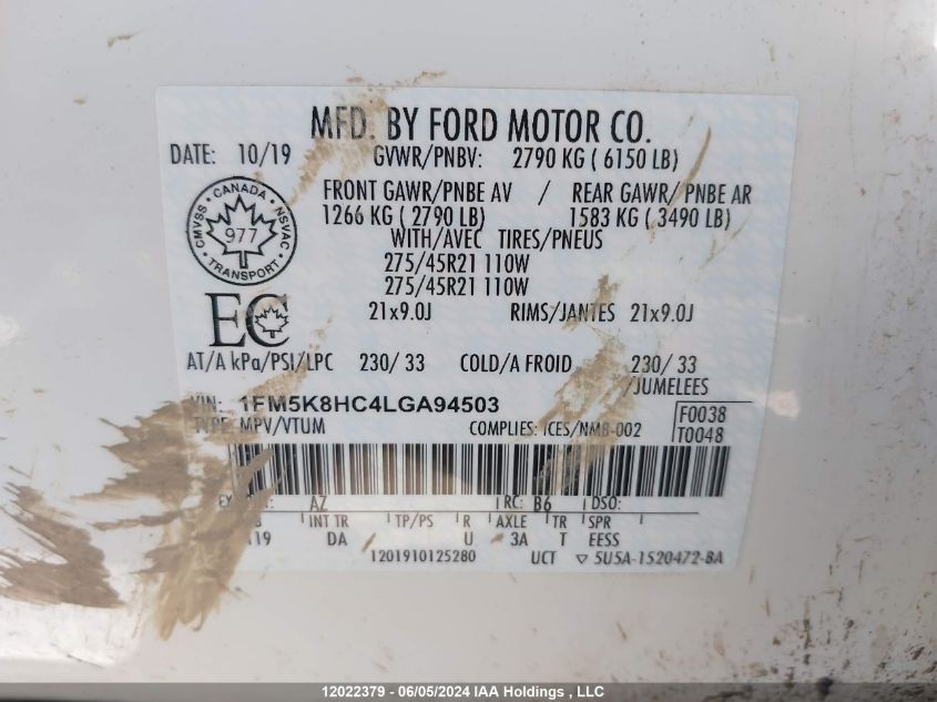 2020 Ford Explorer Platinum VIN: 1FM5K8HC4LGA94503 Lot: 12022379