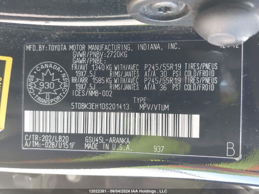 2013 Toyota Highlander Plus/Se VIN: 5TDBK3EH1DS201413 Lot: 12022381