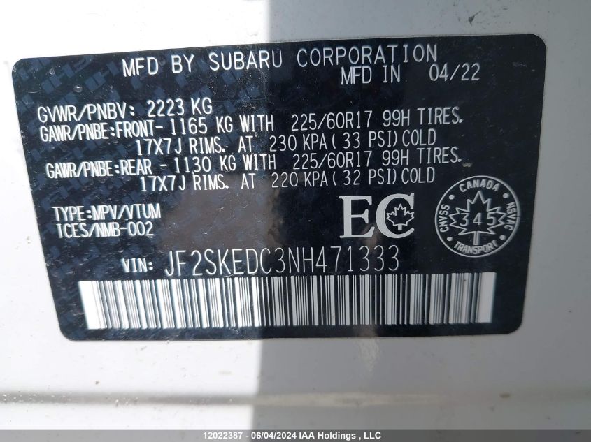 2022 Subaru Forester Convenience VIN: JF2SKEDC3NH471333 Lot: 12022387