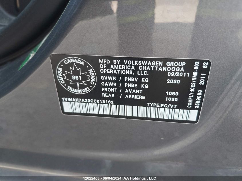 2012 Volkswagen Passat VIN: 1VWAH7A33CC013162 Lot: 12022403