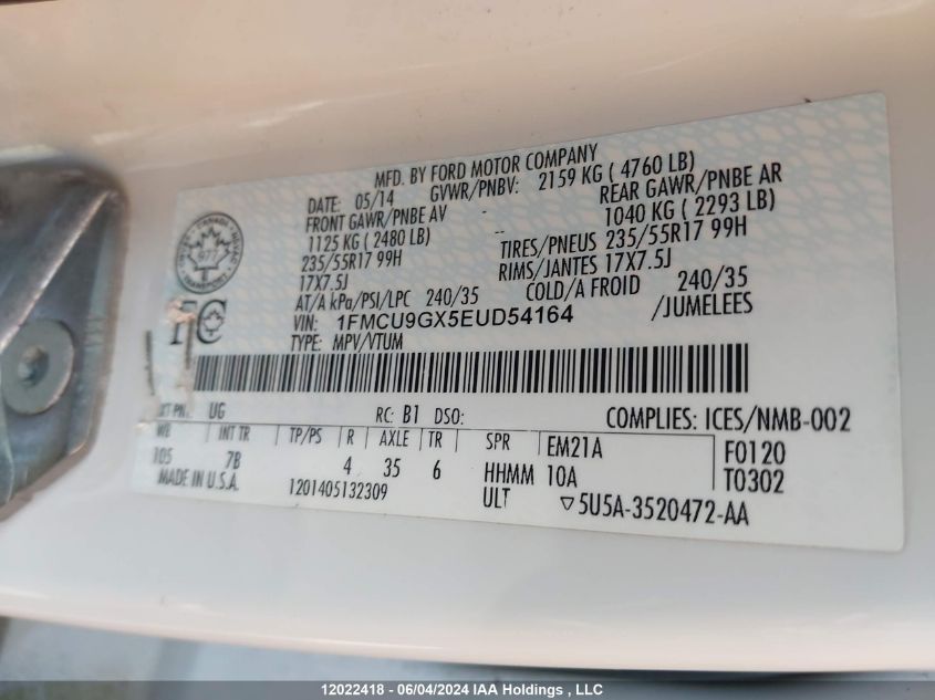 2014 Ford Escape Se VIN: 1FMCU9GX5EUD54164 Lot: 12022418