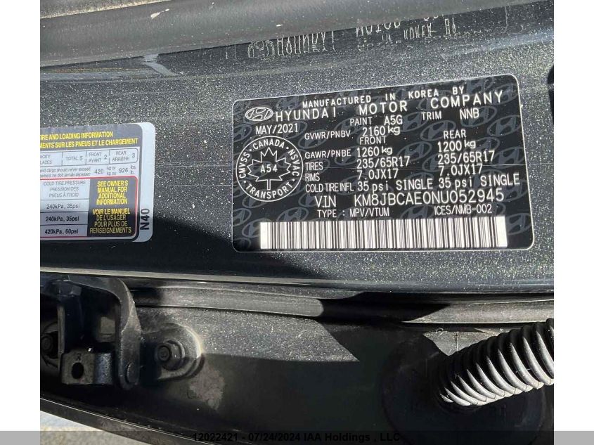 2022 Hyundai Tucson Preferred Awd VIN: KM8JBCAE0NU052945 Lot: 12022421