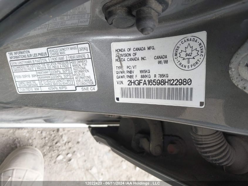 2008 Honda Civic VIN: 2HGFA16598H122980 Lot: 12022423