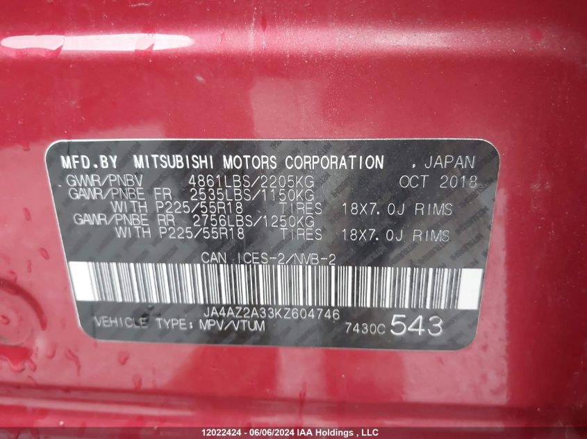 2019 Mitsubishi Outlander VIN: JA4AZ2A33KZ604746 Lot: 12022424