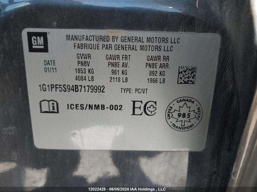 2011 Chevrolet Cruze Lt VIN: 1G1PF5S94B7179992 Lot: 12022428