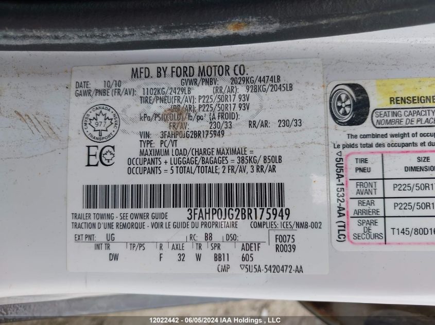 2011 Ford Fusion Sel VIN: 3FAHP0JG2BR175949 Lot: 12022442