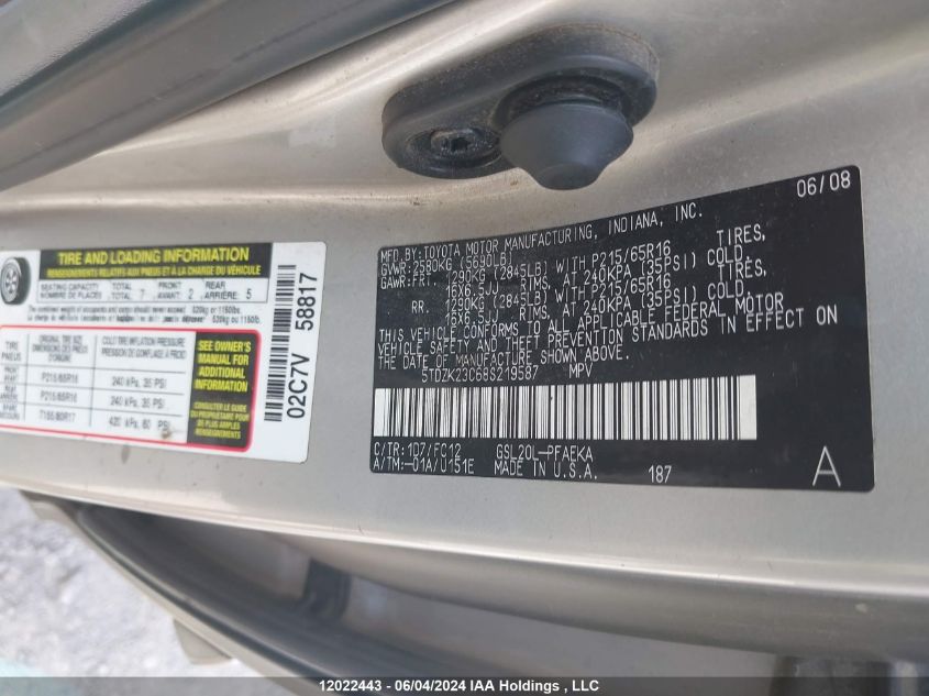 2008 Toyota Sienna VIN: 5TDZK23C68S219587 Lot: 12022443