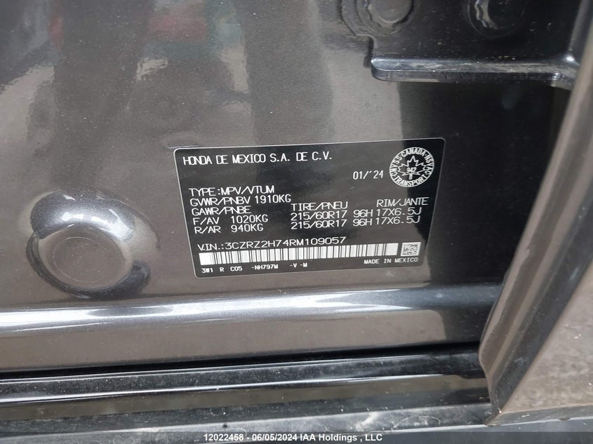 2024 Honda Hr-V VIN: 3CZRZ2H74RM109057 Lot: 12022458