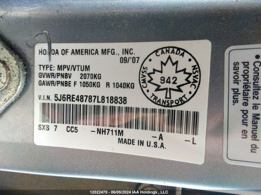 2007 Honda Cr-V VIN: 5J6RE48787L818838 Lot: 12022470