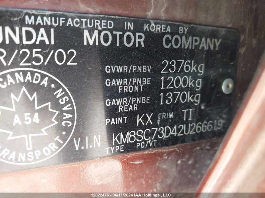 2002 Hyundai Santa Fe VIN: KM8SC73D42U266619 Lot: 12022475