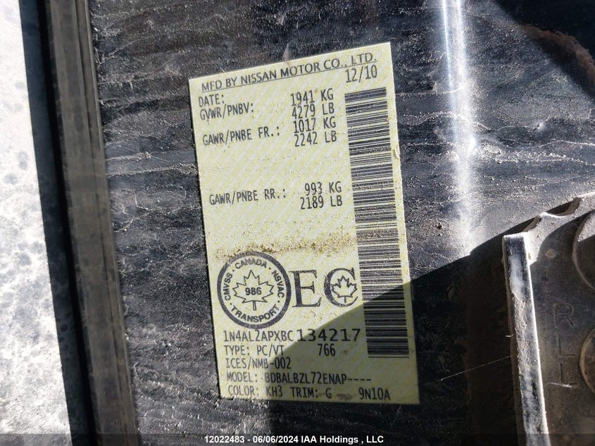 2011 Nissan Altima S VIN: 1N4AL2APXBC134217 Lot: 12022483