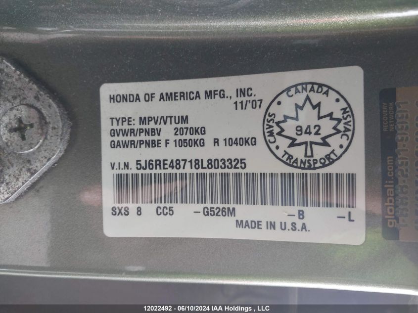 2008 Honda Cr-V VIN: 5J6RE48718L803325 Lot: 12022492