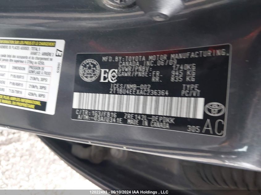 2010 Toyota Corolla S/Le/Xle VIN: 2T1BU4EEXAC236364 Lot: 12022493