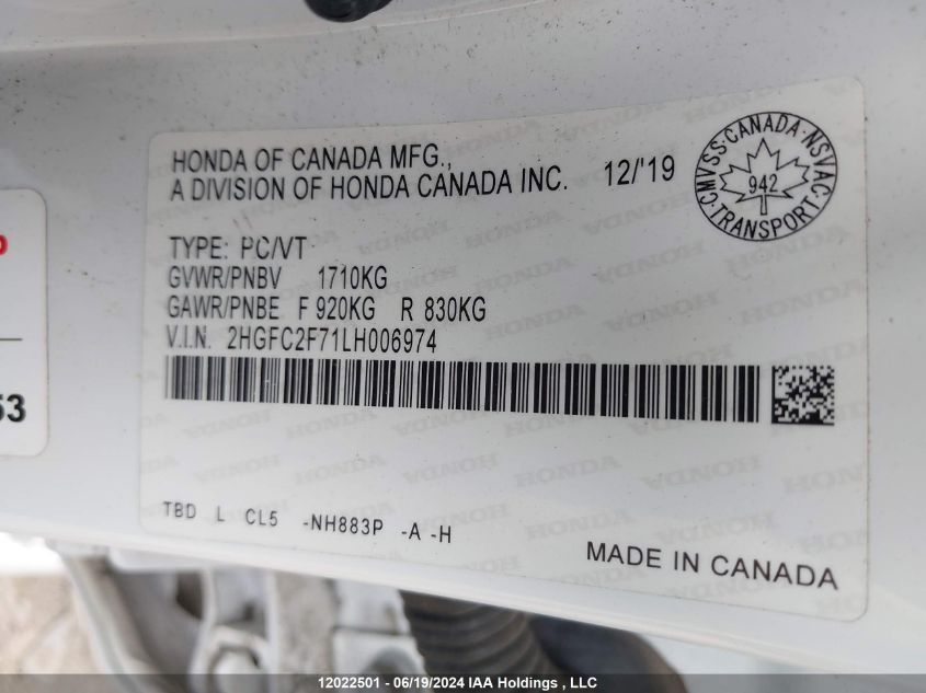 2020 Honda Civic Ex 4Dr VIN: 2HGFC2F71LH006974 Lot: 12022501