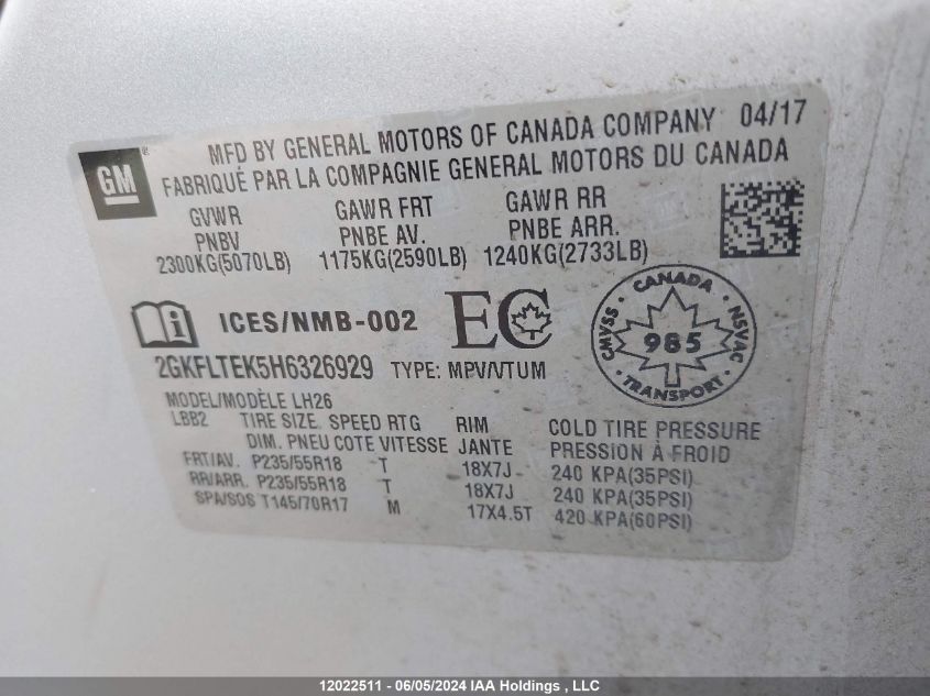 2017 GMC Terrain Sle VIN: 2GKFLTEK5H6326929 Lot: 12022511