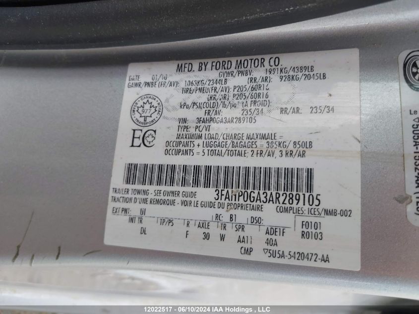 2010 Ford Fusion VIN: 3FAHP0GA3AR289105 Lot: 12022517