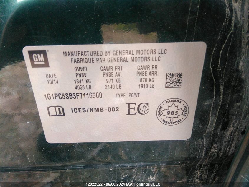 2015 Chevrolet Cruze VIN: 1G1PC5SB3F7116500 Lot: 12022522