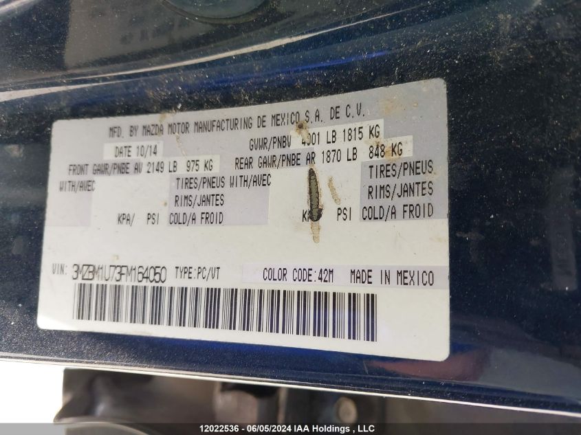 2015 Mazda Mazda3 VIN: 3MZBM1U73FM164050 Lot: 12022536