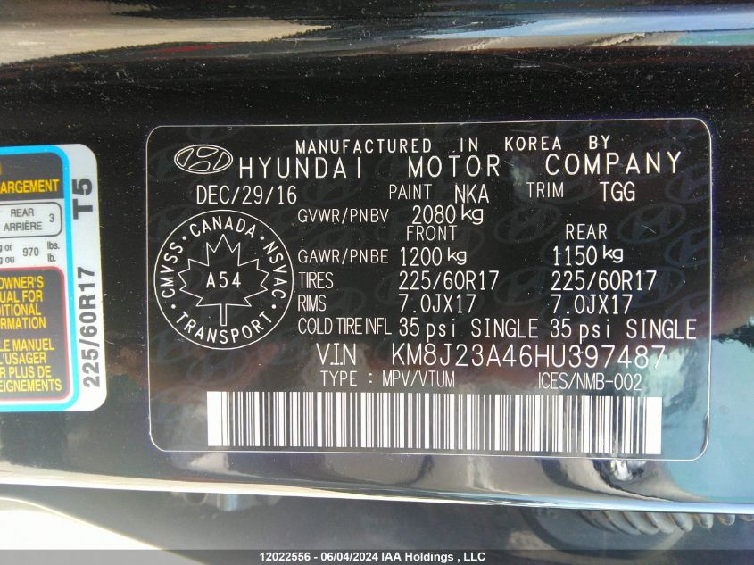 2017 Hyundai Tucson Se VIN: KM8J23A46HU397487 Lot: 12022556