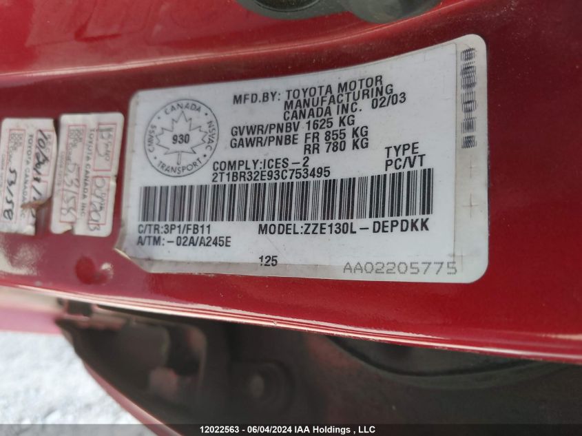 2003 Toyota Corolla Ce/Le/S VIN: 2T1BR32E93C753495 Lot: 12022563