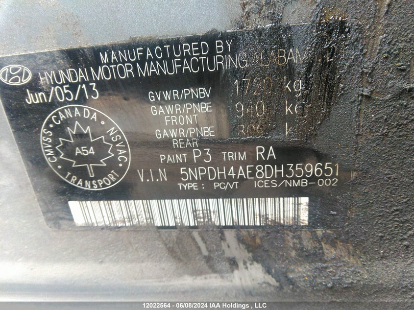 2013 Hyundai Elantra Gls/Limited VIN: 5NPDH4AE8DH359651 Lot: 12022564
