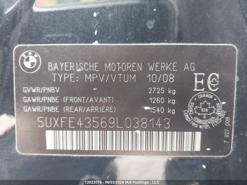 2009 BMW X5 xDrive30I VIN: 5UXFE43569L038143 Lot: 12022576