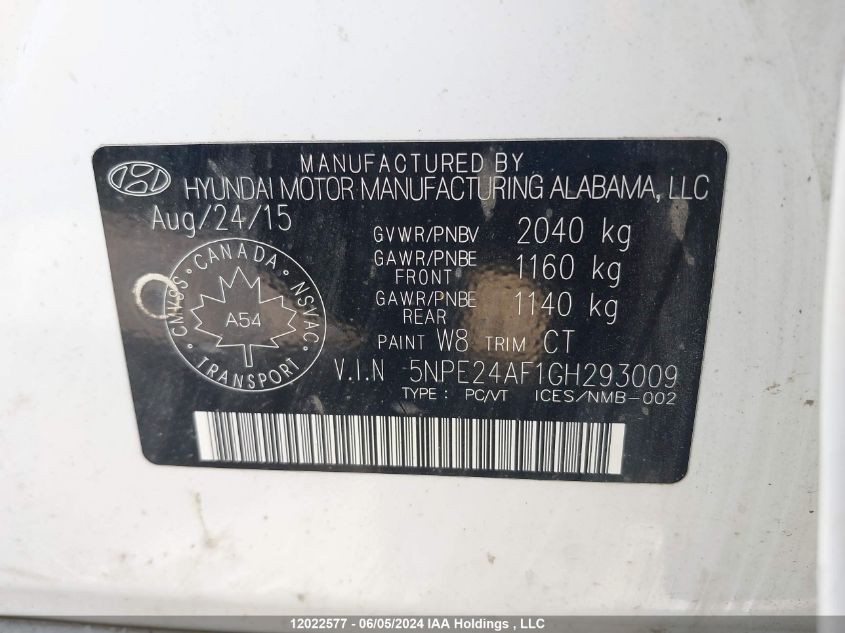 2016 Hyundai Sonata Se VIN: 5NPE24AF1GH293009 Lot: 12022577