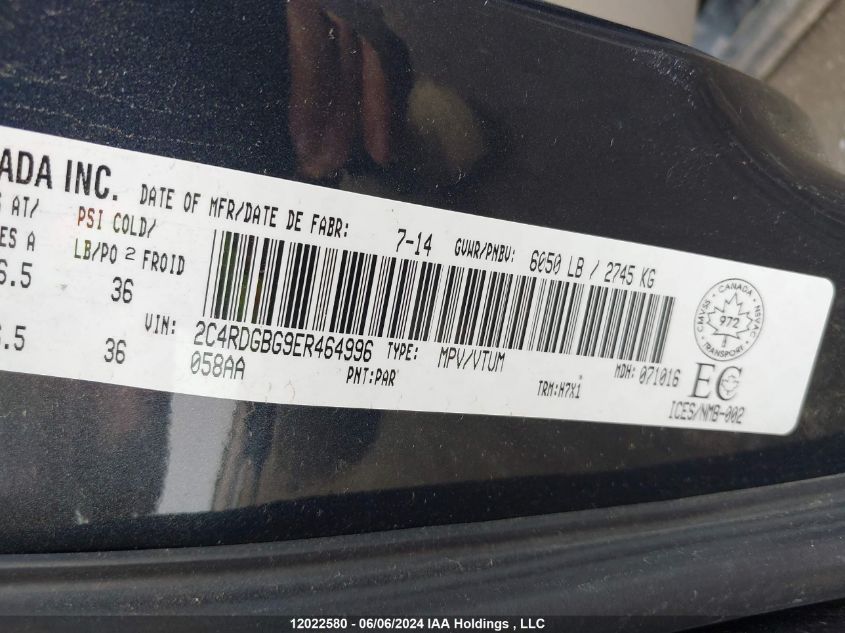 2014 Dodge Grand Caravan Se/Sxt VIN: 2C4RDGBG9ER464996 Lot: 12022580