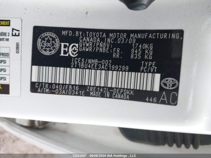 2010 Toyota Corolla Le VIN: 2T1BU4EE3AC199299 Lot: 12022587