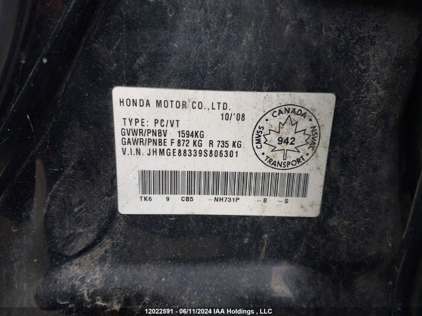 2009 Honda Fit VIN: JHMGE88339S806301 Lot: 12022591