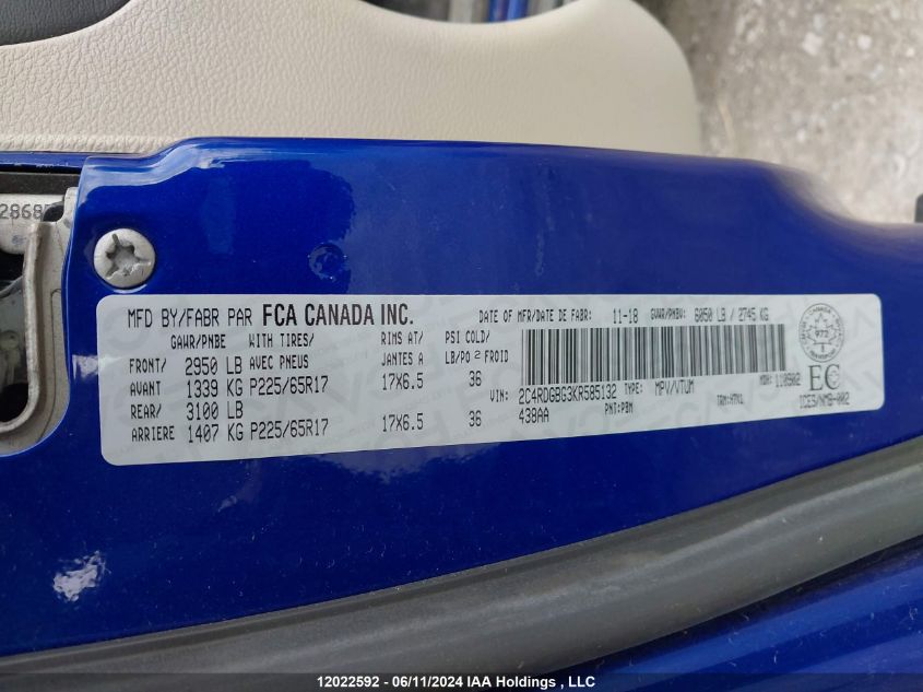 2019 Dodge Grand Caravan Se VIN: 2C4RDGBG3KR585132 Lot: 12022592