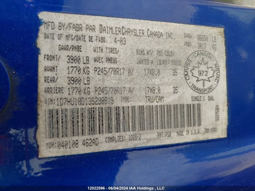 2003 Dodge Ram 1500 VIN: 1D7HU18D13S298819 Lot: 12022596