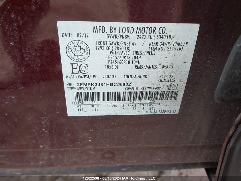 2017 Ford Edge Sel VIN: 2FMPK3J81HBC56832 Lot: 12022598