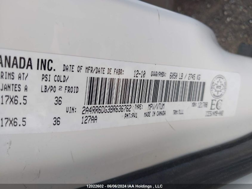 2011 Chrysler Town & Country Limited VIN: 2A4RR6DG3BR636762 Lot: 12022602