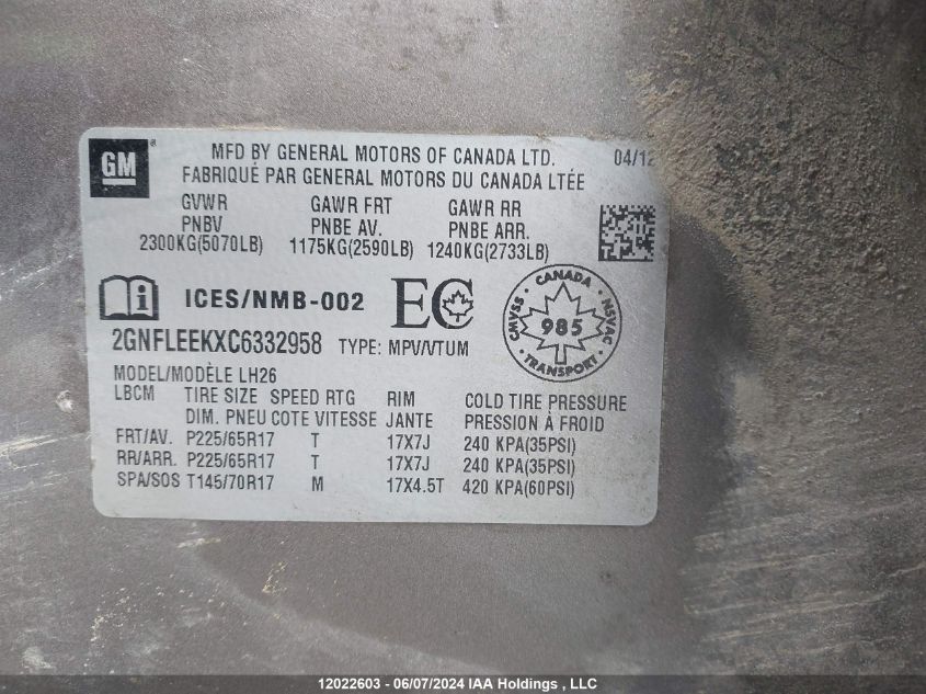 2012 Chevrolet Equinox Lt VIN: 2GNFLEEKXC6332958 Lot: 12022603