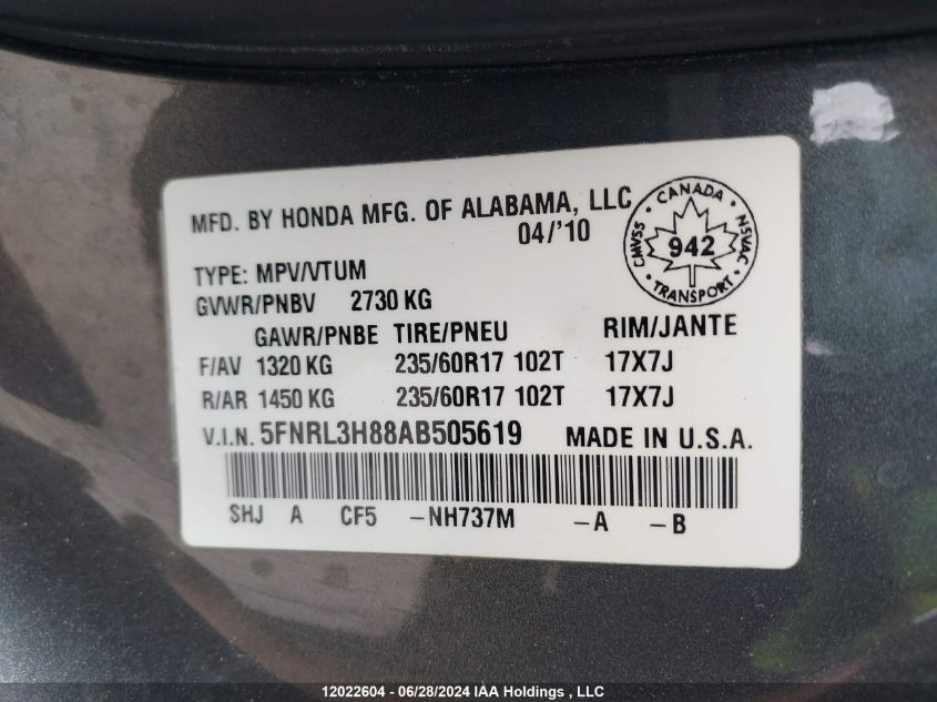 2010 Honda Odyssey Touring VIN: 5FNRL3H88AB505619 Lot: 12022604