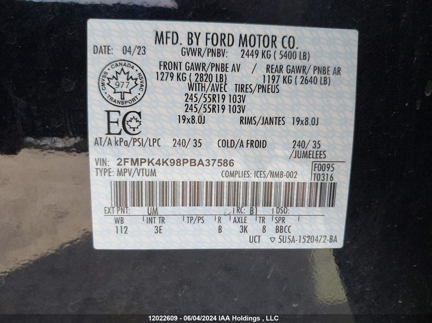 2023 Ford Edge Titanium VIN: 2FMPK4K98PBA37586 Lot: 12022609