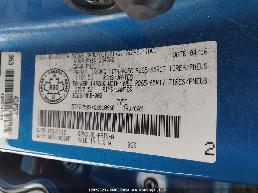 2016 Toyota Tacoma Dbl Cab/Sr5/Trd Sport/Or VIN: 5TFDZ5BN4GX010660 Lot: 12022623