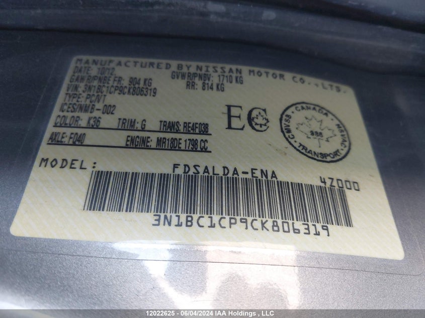 2012 Nissan Versa VIN: 3N1BC1CP9CK806319 Lot: 12022625