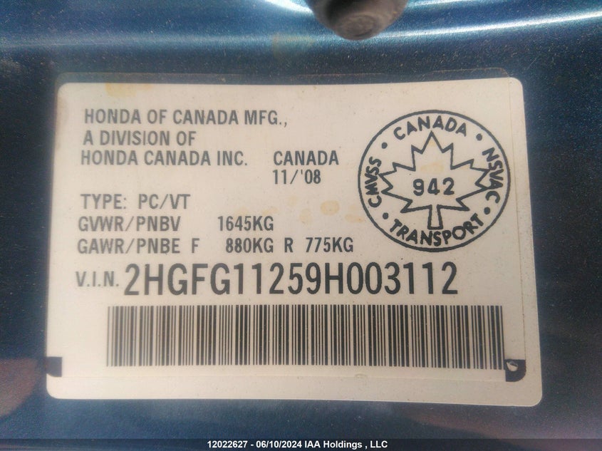 2009 Honda Civic Dx VIN: 2HGFG11259H003112 Lot: 12022627