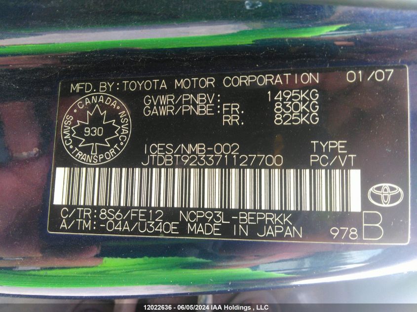 2007 Toyota Yaris VIN: JTDBT923371127700 Lot: 12022636