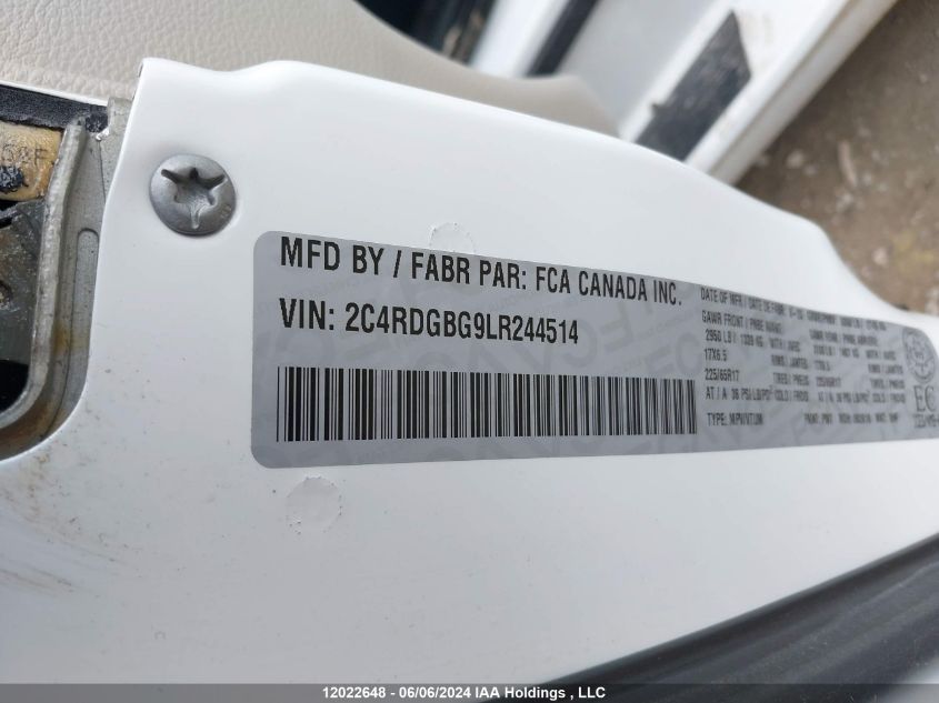 2020 Dodge Grand Caravan Se VIN: 2C4RDGBG9LR244514 Lot: 12022648