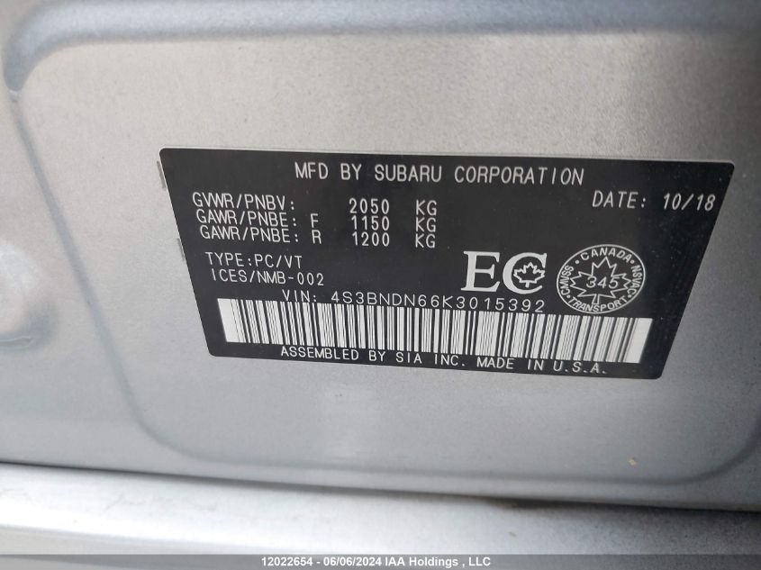 2019 Subaru Legacy VIN: 4S3BNDN66K3015392 Lot: 12022654