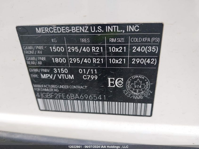 2011 Mercedes-Benz Gl-Class VIN: 4JGBF2FE6BA696541 Lot: 12022661