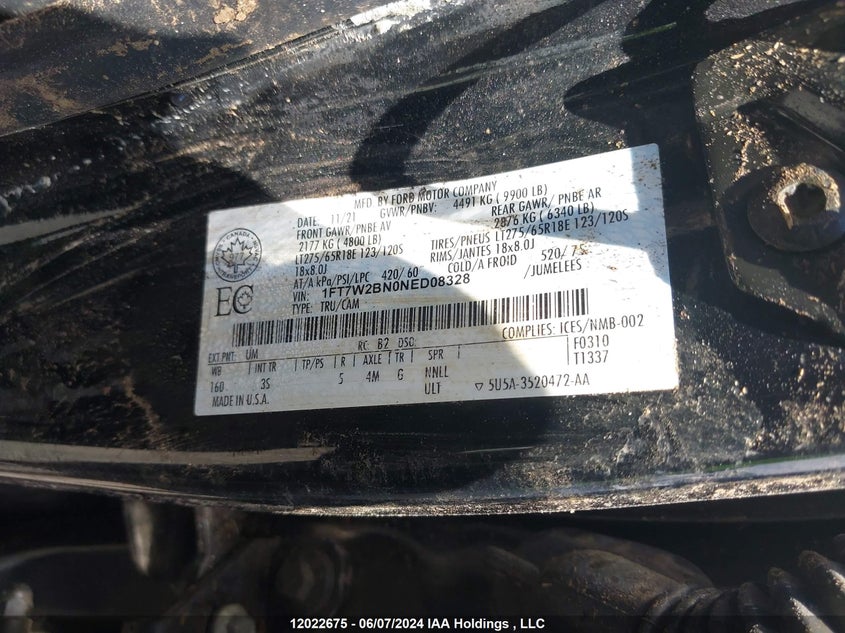 2022 Ford F250 Super Duty VIN: 1FT7W2BN0NED08328 Lot: 12022675