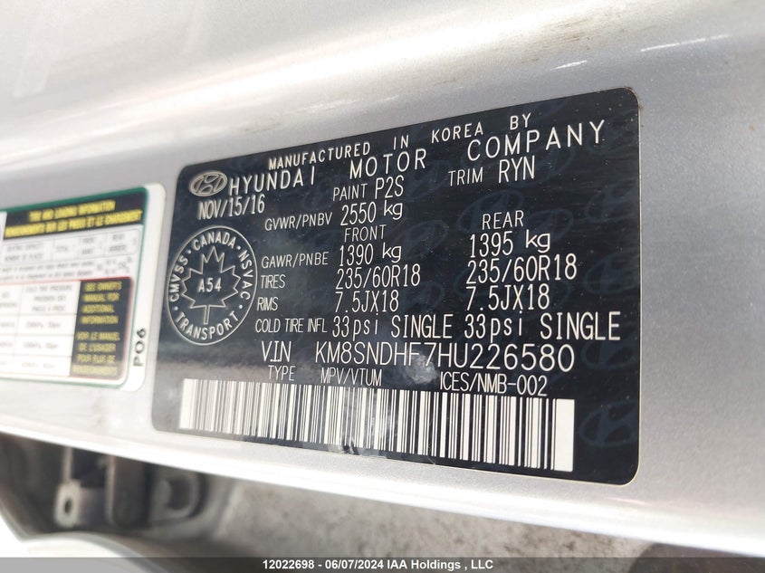 2017 Hyundai Santa Fe VIN: KM8SNDHF7HU226580 Lot: 12022698