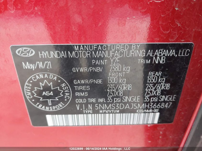 2021 Hyundai Santa Fe Sel VIN: 5NMS3DAJ5MH366847 Lot: 12022699