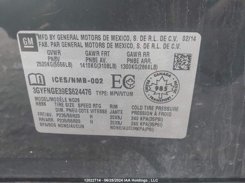 2014 Cadillac Srx VIN: 3GYFNGE39ES624476 Lot: 12022714