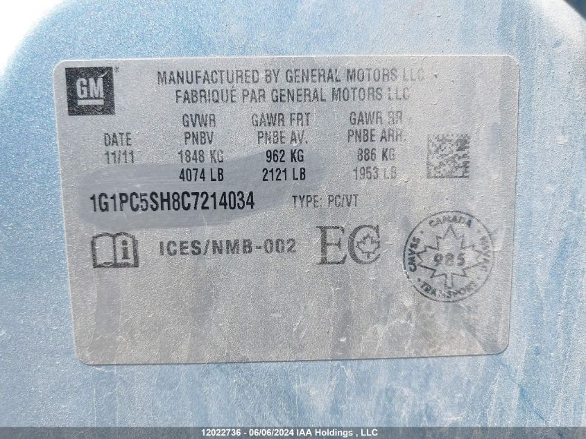 2012 Chevrolet Cruze VIN: 1G1PC5SH8C7214034 Lot: 12022736